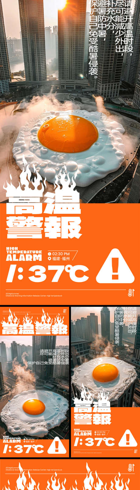 高温警告创意系列海报_源文件下载_AI格式_1024X2217像素-预警,俯视,街道,高楼,大厦,温馨,提示,避暑,中暑,火焰,天气,系列,创意,夏天,酷暑,煎蛋,城市,警报,高温,海报-作品编号:2024062516253705-志设-zs9.com