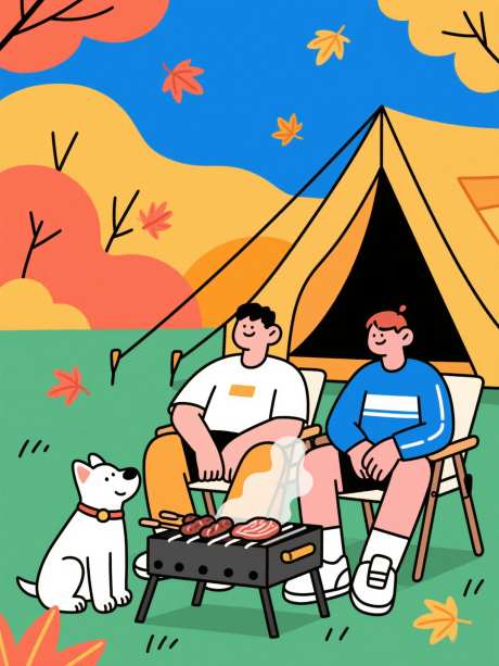 秋季露营插画_AI图片下载_采样_1536X2048像素-艺术,孟菲斯,烧烤-作品编号:2025081010553493-志’设˙网